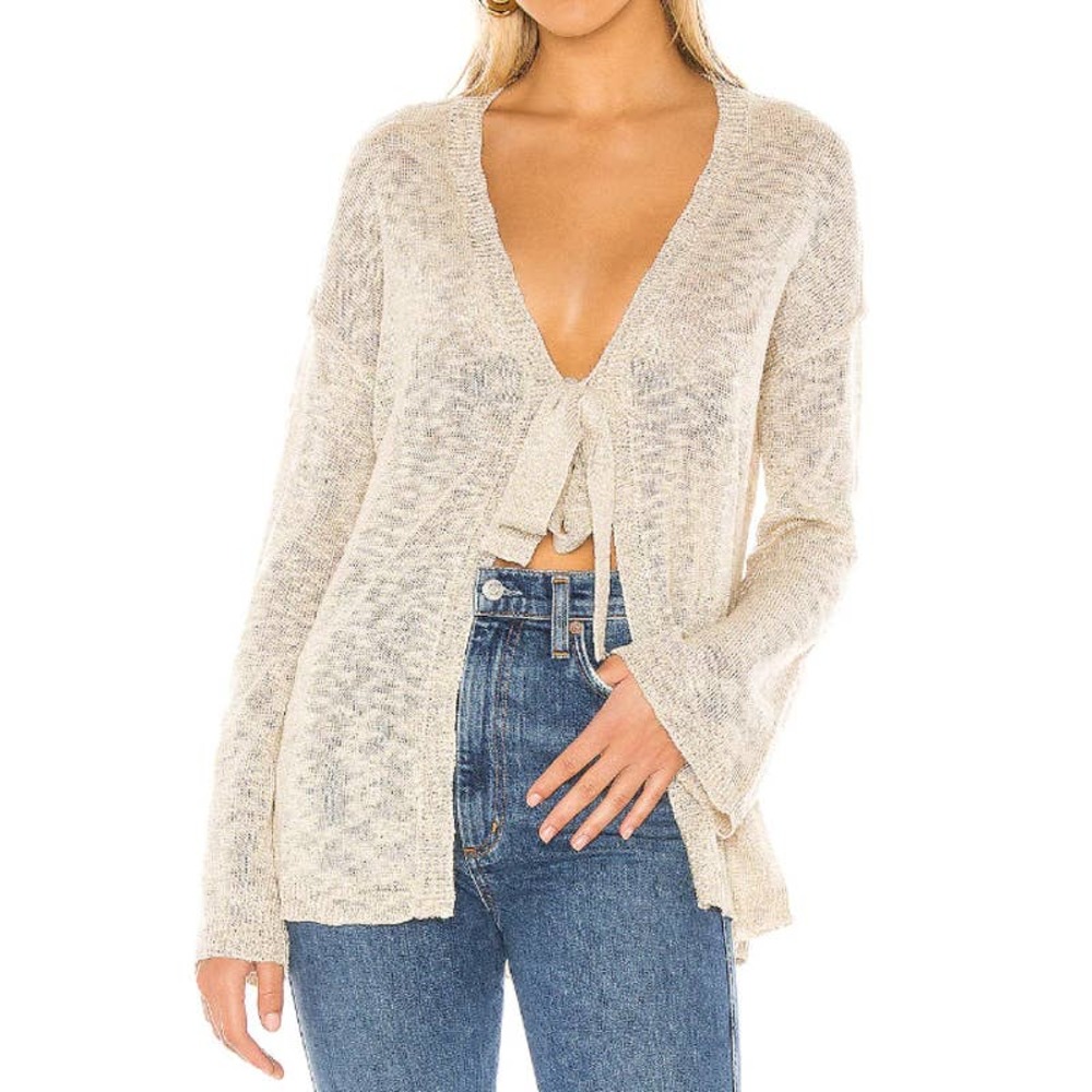 Majorelle Oatmeal Sandra Lurex Knit Front Tie Lightweight Sweater Cardigan